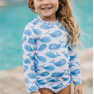 Sugar Bee Ruffle Bottom Swimsuit Whales Rashguard Gingham One Piece Size 4t